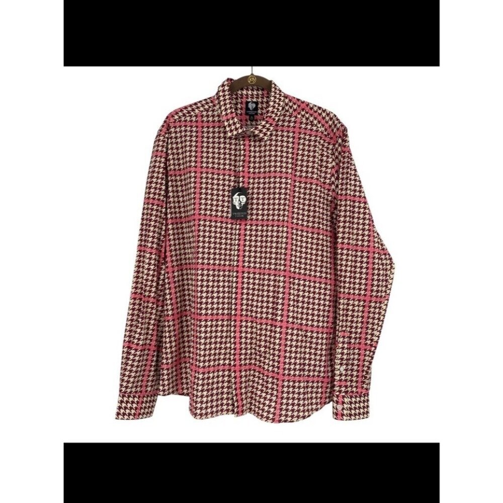 Twisted Tailor Men’s XL Pink Houndstooth Check Ribery Button Up Slim Shirt NWT
